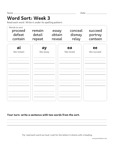Preview of the printable “Word Sort: week 3 (Long a and long e teams)” worksheet: sorting spelling words by pattern: ai, ay, ea, ee