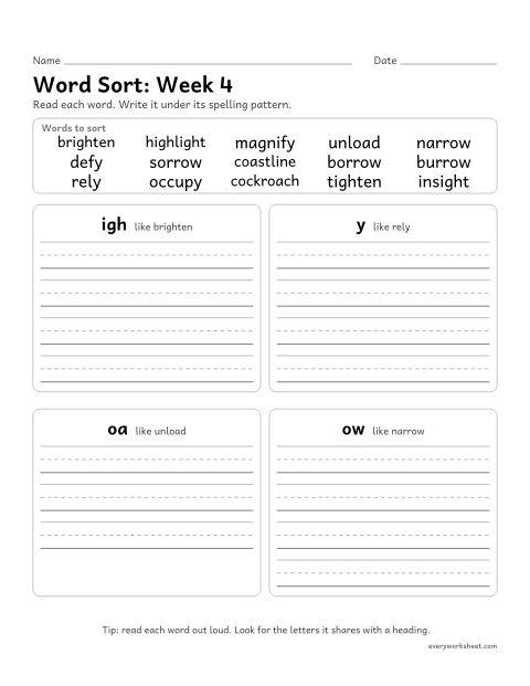 Preview of the printable “Word Sort: week 4 (Long i and long o)” worksheet: sorting spelling words by pattern: igh, y, oa, ow