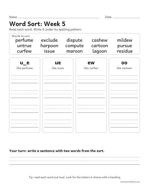 Preview of the printable “Word Sort: week 5 (u_e, ue, ew and oo)” worksheet: sorting spelling words by pattern: u_e, ue, ew, oo