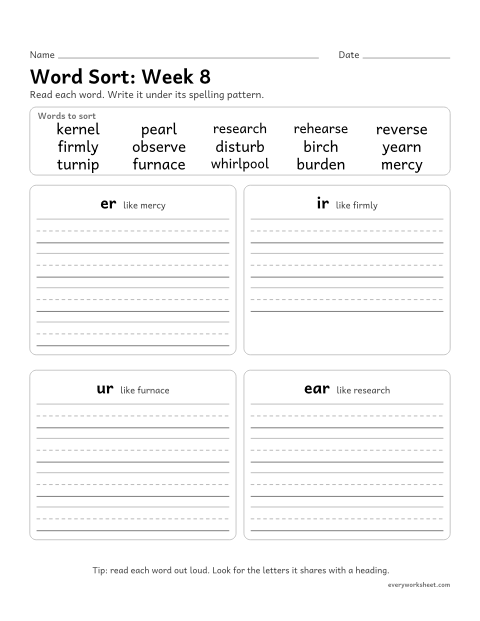 Preview of the printable “Word Sort: week 8 (er, ir, ur and ear)” worksheet: sorting spelling words by pattern: er, ir, ur, ear