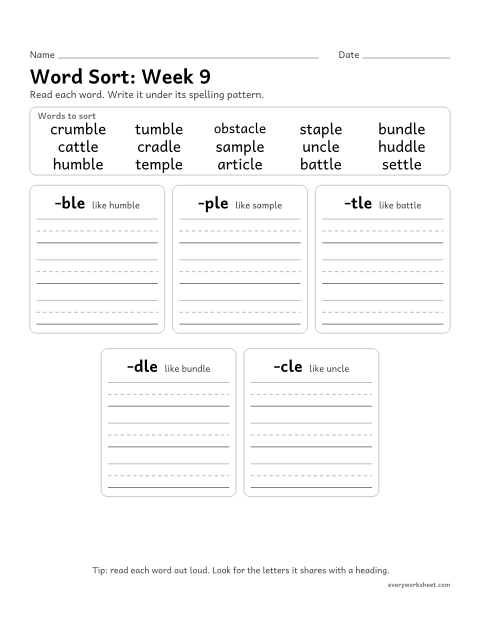 Preview of the printable “Word Sort: week 9 (Consonant-le endings)” worksheet: sorting spelling words by pattern: -ble, -ple, -tle, -dle, -cle