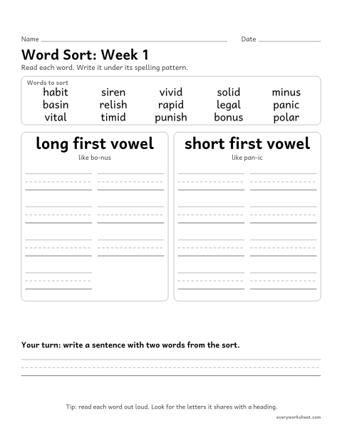 Preview of the printable “Word Sort: week 1 (VCV syllables)” worksheet: sorting spelling words by pattern: long first vowel, short first vowel