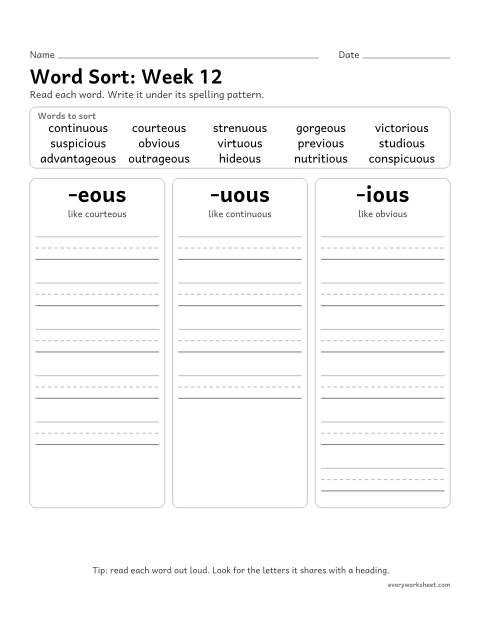 Preview of the printable “Word Sort: week 12 (Endings -eous, -uous and -ious)” worksheet: sorting spelling words by pattern: -eous, -uous, -ious