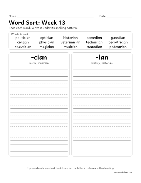 Preview of the printable “Word Sort: week 13 (Suffixes -cian and -ian)” worksheet: sorting spelling words by pattern: -cian, -ian