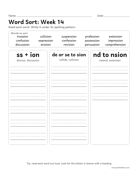 Preview of the printable “Word Sort: week 14 (Suffixes -sion and -ssion)” worksheet: sorting spelling words by pattern: ss + ion, de or se to sion, nd to nsion