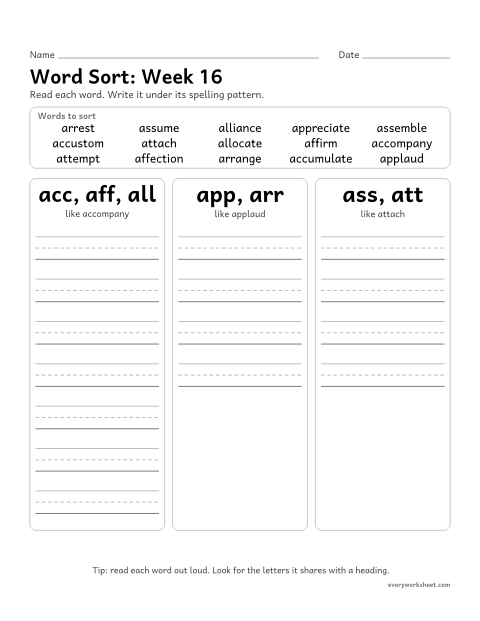 Preview of the printable “Word Sort: week 16 (Prefix ad- in disguise)” worksheet: sorting spelling words by pattern: acc, aff, all, app, arr, ass, att