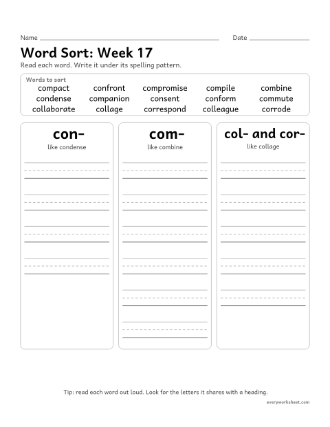 Preview of the printable “Word Sort: week 17 (Prefixes con-, com-, col- and cor-)” worksheet: sorting spelling words by pattern: con-, com-, col- and cor-