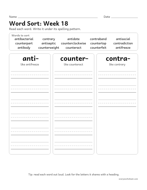 Preview of the printable “Word Sort: week 18 (Prefixes anti-, counter- and contra-)” worksheet: sorting spelling words by pattern: anti-, counter-, contra-