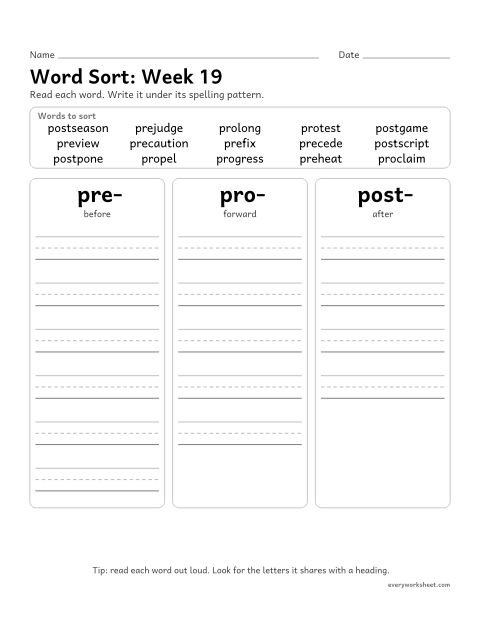 Preview of the printable “Word Sort: week 19 (Prefixes pre-, pro- and post-)” worksheet: sorting spelling words by pattern: pre-, pro-, post-