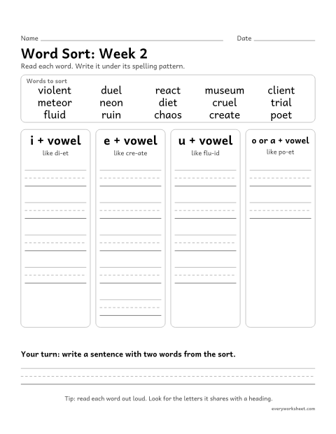 Preview of the printable “Word Sort: week 2 (Vowels that split)” worksheet: sorting spelling words by pattern: i + vowel, e + vowel, u + vowel, o or a + vowel