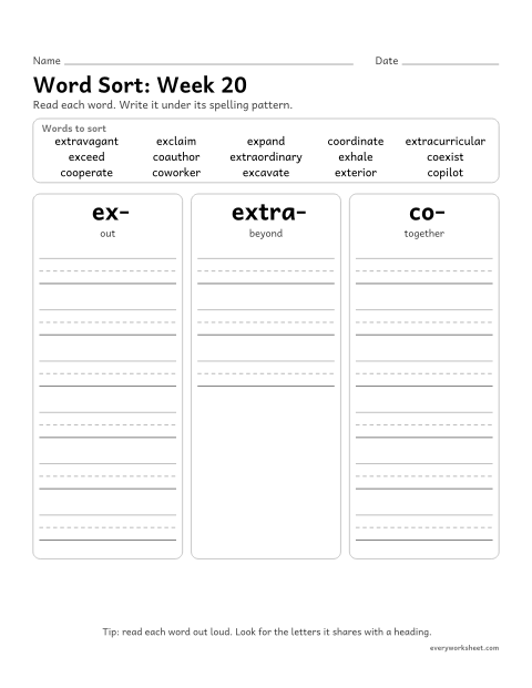 Preview of the printable “Word Sort: week 20 (Prefixes ex-, extra- and co-)” worksheet: sorting spelling words by pattern: ex-, extra-, co-