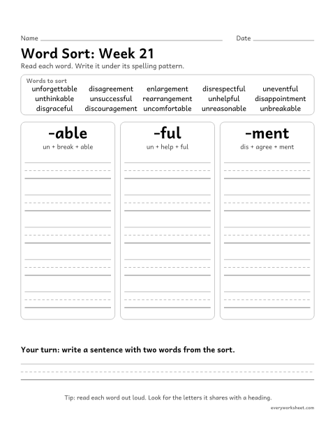 Preview of the printable “Word Sort: week 21 (Prefix and suffix together)” worksheet: sorting spelling words by pattern: -able, -ful, -ment