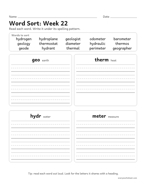 Preview of the printable “Word Sort: week 22 (Greek roots: geo, therm, hydr and meter)” worksheet: sorting spelling words by pattern: geo, therm, hydr, meter