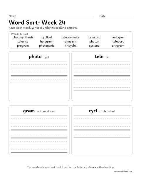 Preview of the printable “Word Sort: week 24 (Greek roots: photo, tele, gram and cycl)” worksheet: sorting spelling words by pattern: photo, tele, gram, cycl