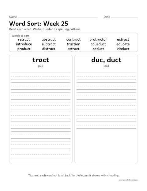 Preview of the printable “Word Sort: week 25 (Latin roots: tract and duct)” worksheet: sorting spelling words by pattern: tract, duc, duct