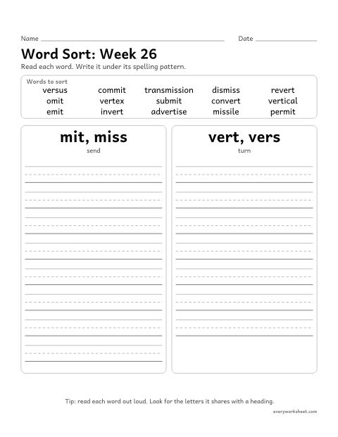 Preview of the printable “Word Sort: week 26 (Latin roots: mit, miss and vert)” worksheet: sorting spelling words by pattern: mit, miss, vert, vers
