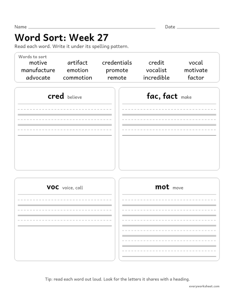 Preview of the printable “Word Sort: week 27 (Latin roots: cred, fact, voc and mot)” worksheet: sorting spelling words by pattern: cred, fac, fact, voc, mot