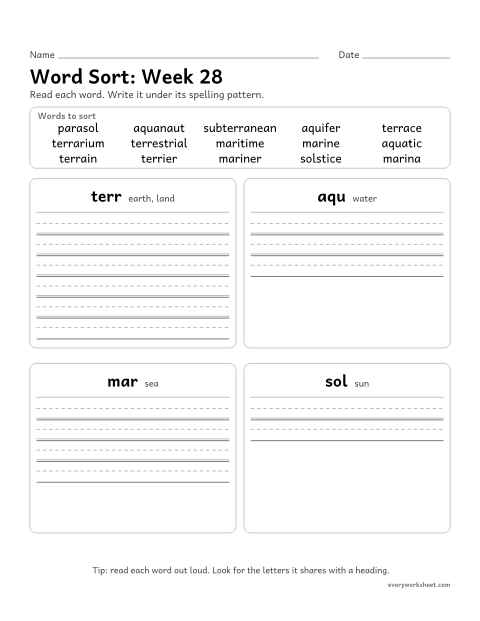 Preview of the printable “Word Sort: week 28 (Latin roots: terr, aqu, mar and sol)” worksheet: sorting spelling words by pattern: terr, aqu, mar, sol