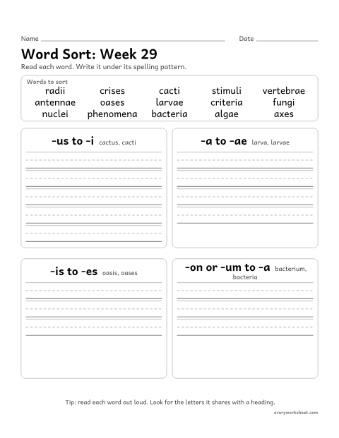 Preview of the printable “Word Sort: week 29 (Plurals from latin and Greek)” worksheet: sorting spelling words by pattern: -us to -i, -a to -ae, -is to -es, -on or -um to -a