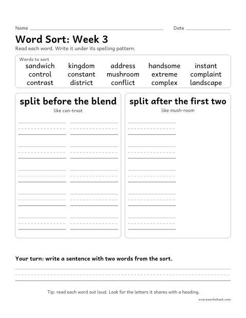 Preview of the printable “Word Sort: week 3 (Three consonants in the middle)” worksheet: sorting spelling words by pattern: split before the blend, split after the first two