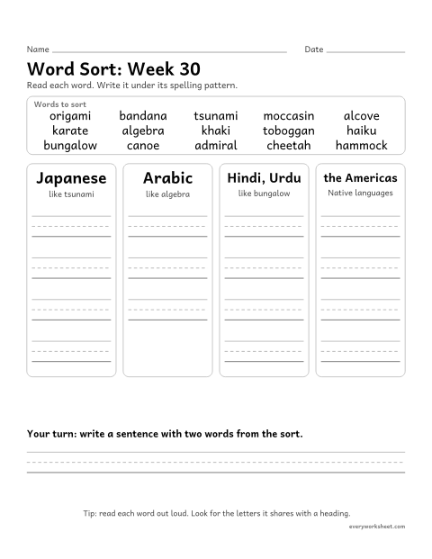 Preview of the printable “Word Sort: week 30 (Words from other languages)” worksheet: sorting spelling words by pattern: Japanese, Arabic, Hindi, Urdu, the Americas
