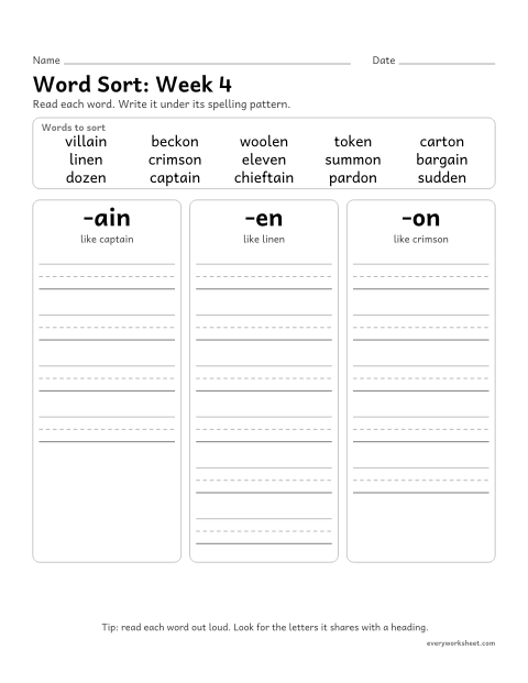 Preview of the printable “Word Sort: week 4 (Schwa endings: -ain, -en and -on)” worksheet: sorting spelling words by pattern: -ain, -en, -on