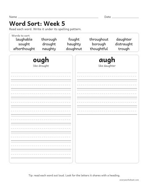 Preview of the printable “Word Sort: week 5 (ough and augh)” worksheet: sorting spelling words by pattern: ough, augh