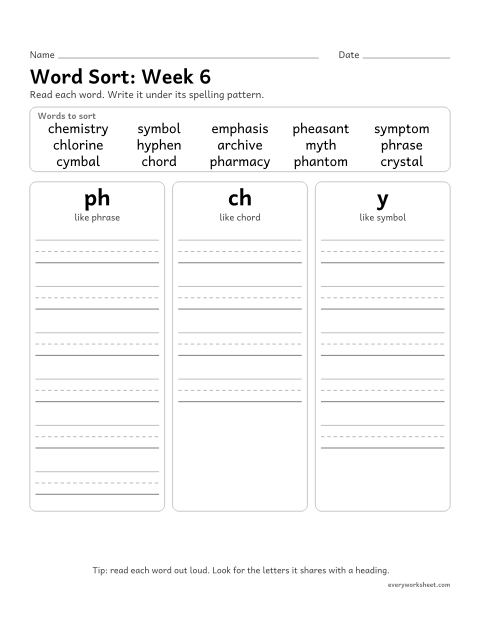 Preview of the printable “Word Sort: week 6 (Greek spellings: ph, ch and y)” worksheet: sorting spelling words by pattern: ph, ch, y
