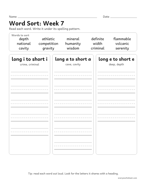 Preview of the printable “Word Sort: week 7 (Related words: long to short vowels)” worksheet: sorting spelling words by pattern: long i to short i, long a to short a, long e to short e