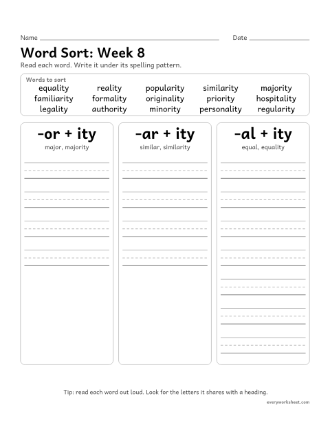Preview of the printable “Word Sort: week 8 (Suffix -ity: the hidden vowel)” worksheet: sorting spelling words by pattern: -or + ity, -ar + ity, -al + ity