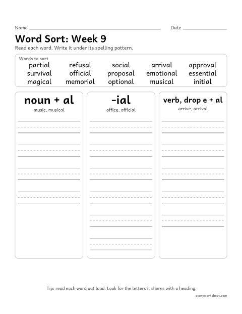 Preview of the printable “Word Sort: week 9 (Suffixes -al and -ial)” worksheet: sorting spelling words by pattern: noun + al, -ial, verb, drop e + al