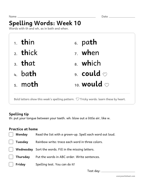 Preview of the printable “Spelling Words: week 10 (Words with th and wh)” worksheet: learning this week's spelling words: th and wh, as in bath and when