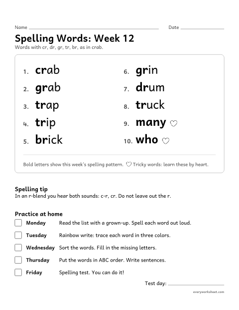 Preview of the printable “Spelling Words: week 12 (r-blends)” worksheet: learning this week's spelling words: cr, dr, gr, tr, br, as in crab