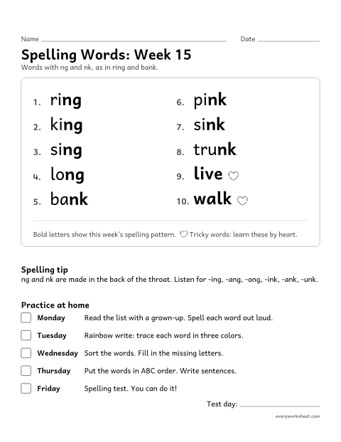 Preview of the printable “Spelling Words: week 15 (Words with ng and nk)” worksheet: learning this week's spelling words: ng and nk, as in ring and bank