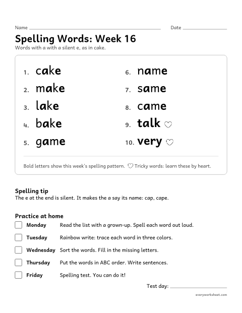 Preview of the printable “Spelling Words: week 16 (Silent e: a_e)” worksheet: learning this week's spelling words: a with a silent e, as in cake