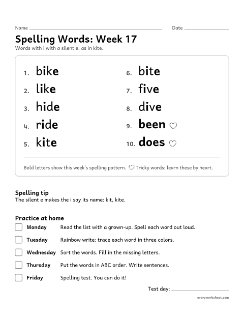Preview of the printable “Spelling Words: week 17 (Silent e: i_e)” worksheet: learning this week's spelling words: i with a silent e, as in kite