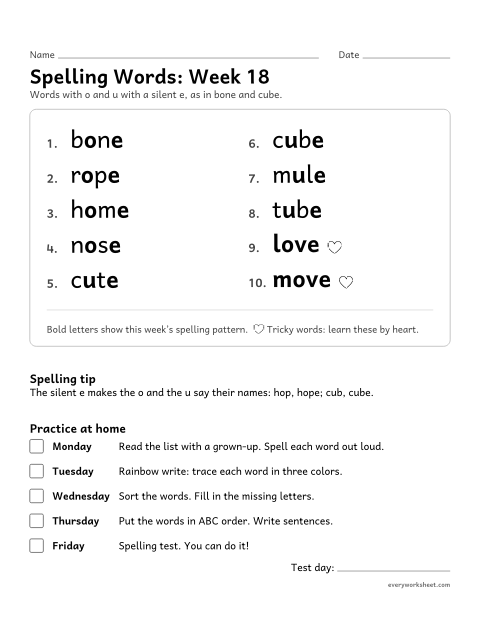 Preview of the printable “Spelling Words: week 18 (Silent e: o_e and u_e)” worksheet: learning this week's spelling words: o and u with a silent e, as in bone and cube