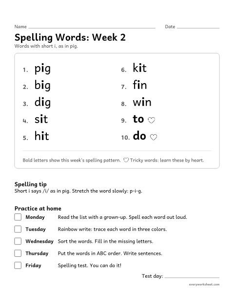 Preview of the printable “Spelling Words: week 2 (Short i)” worksheet: learning this week's spelling words: short i, as in pig