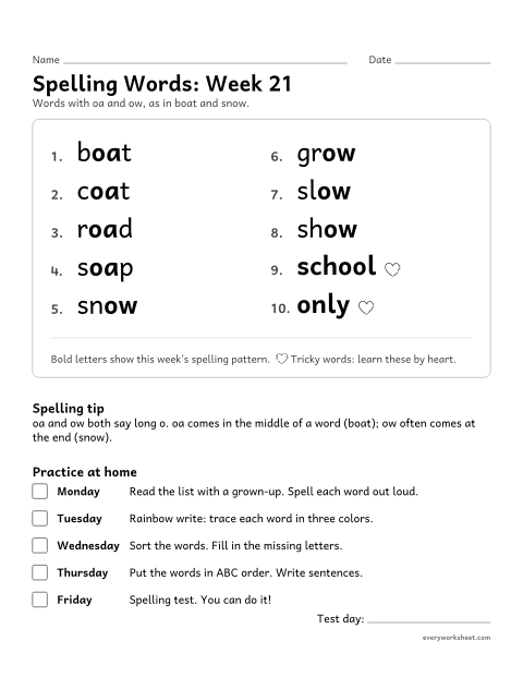 Preview of the printable “Spelling Words: week 21 (Long o: oa and ow)” worksheet: learning this week's spelling words: oa and ow, as in boat and snow