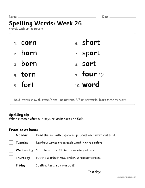 Preview of the printable “Spelling Words: week 26 (or words)” worksheet: learning this week's spelling words: or, as in corn