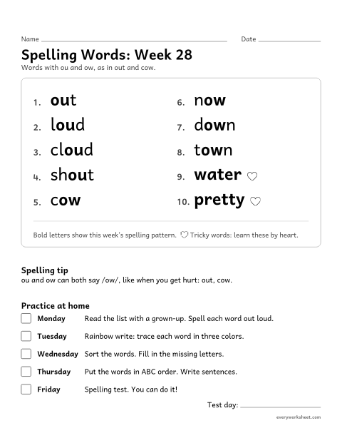 Preview of the printable “Spelling Words: week 28 (ou and ow)” worksheet: learning this week's spelling words: ou and ow, as in out and cow