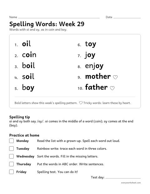 Preview of the printable “Spelling Words: week 29 (oi and oy)” worksheet: learning this week's spelling words: oi and oy, as in coin and boy
