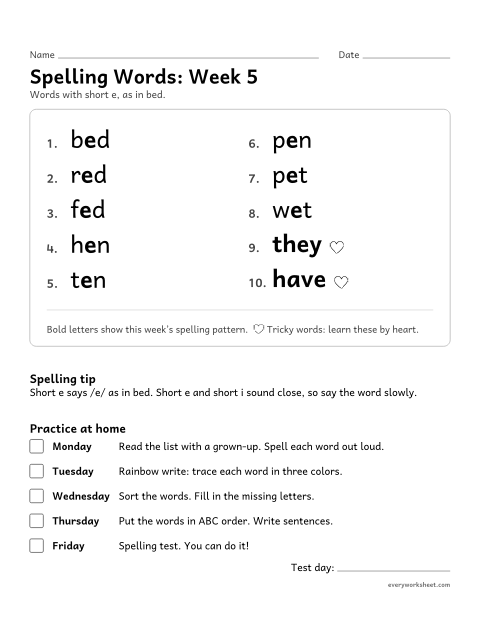 Preview of the printable “Spelling Words: week 5 (Short e)” worksheet: learning this week's spelling words: short e, as in bed