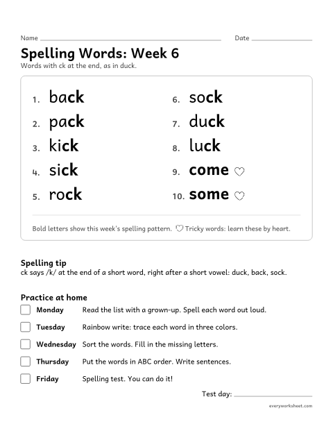 Preview of the printable “Spelling Words: week 6 (Words with ck)” worksheet: learning this week's spelling words: ck at the end, as in duck