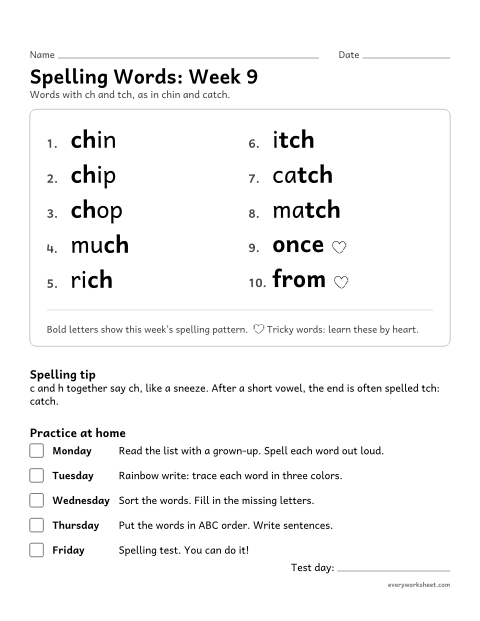 Preview of the printable “Spelling Words: week 9 (Words with ch and tch)” worksheet: learning this week's spelling words: ch and tch, as in chin and catch