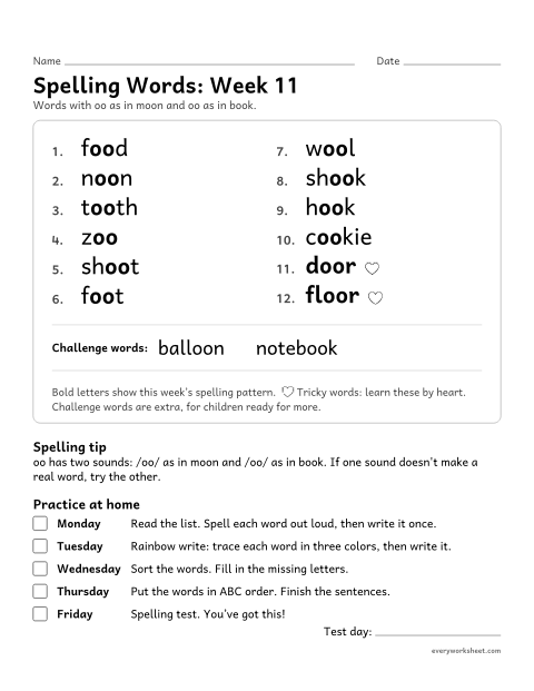 Preview of the printable “Spelling Words: week 11 (oo as in moon and book)” worksheet: learning this week's spelling words: oo as in moon and oo as in book