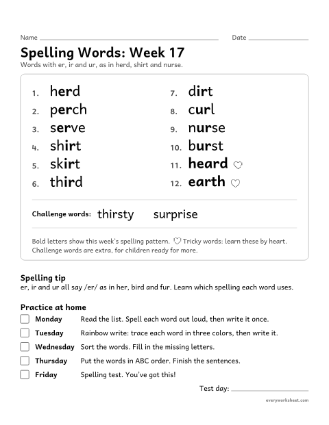 Preview of the printable “Spelling Words: week 17 (er, ir and ur)” worksheet: learning this week's spelling words: er, ir and ur, as in herd, shirt and nurse