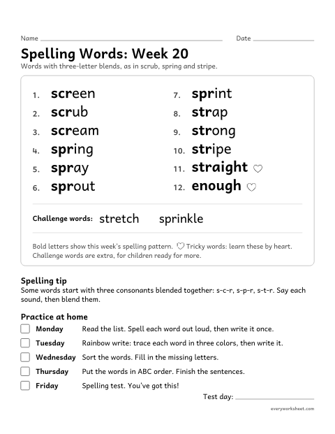 Preview of the printable “Spelling Words: week 20 (Three-letter blends: scr, spr, str)” worksheet: learning this week's spelling words: three-letter blends, as in scrub, spring and stripe