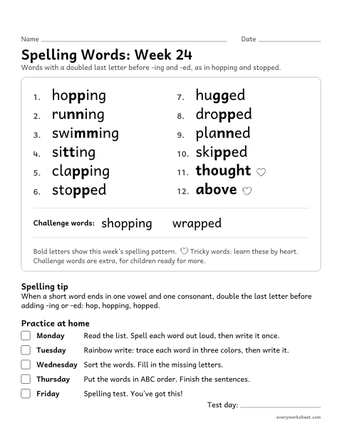 Preview of the printable “Spelling Words: week 24 (Endings: double the last letter)” worksheet: learning this week's spelling words: a doubled last letter before -ing and -ed, as in hopping and stopped