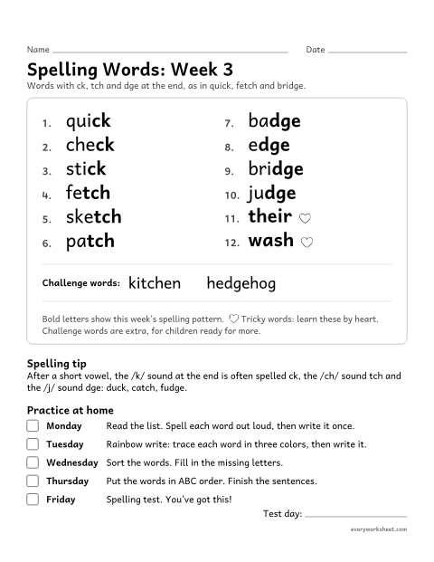 Preview of the printable “Spelling Words: week 3 (-ck, -tch and -dge)” worksheet: learning this week's spelling words: ck, tch and dge at the end, as in quick, fetch and bridge